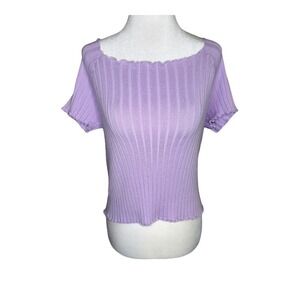 Cotton Emporium Ribbed Knit Top Ruffle Trim Lavender Short Sleeve‎ XL NWT